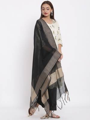 DAAVI Womens Cotton Printed Straight Kurta Palazzo Dupatta Set (Off White) 2