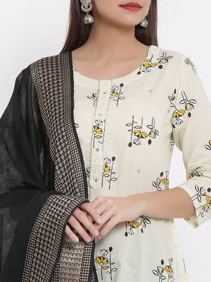 DAAVI Womens Cotton Printed Straight Kurta Palazzo Dupatta Set (Off White) 3