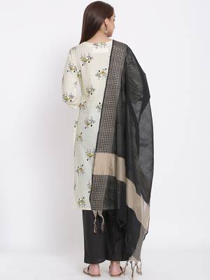 DAAVI Womens Cotton Printed Straight Kurta Palazzo Dupatta Set (Off White) 4