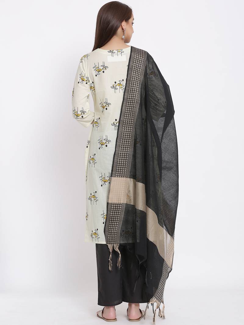 DAAVI Womens Cotton Printed Straight Kurta Palazzo Dupatta Set (Off White)