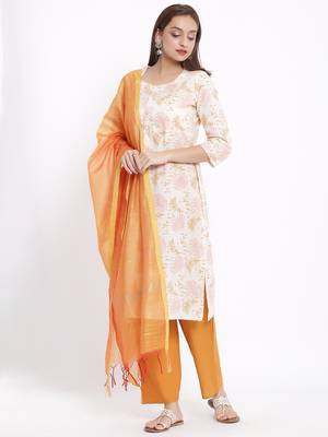 DAAVI Womens Cotton Printed Straight Kurta Palazzo Dupatta Set (Off White) 2