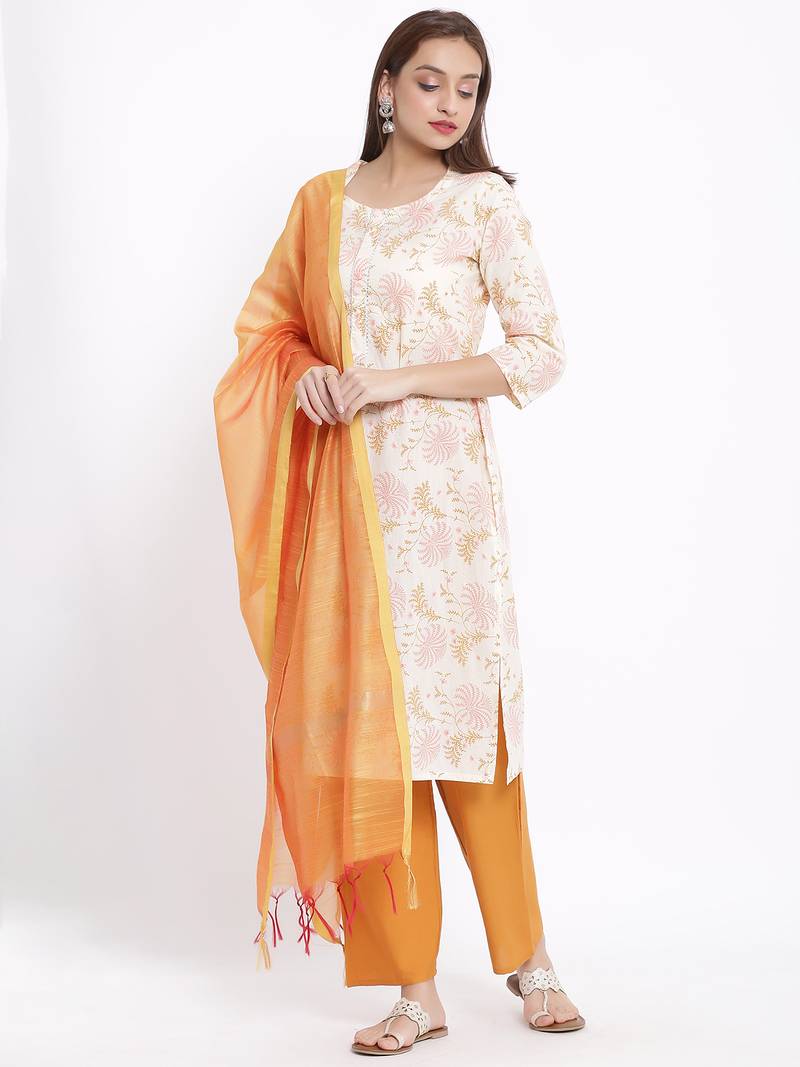 DAAVI Womens Cotton Printed Straight Kurta Palazzo Dupatta Set (Off White)