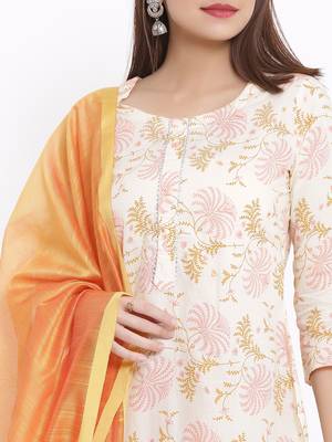 DAAVI Womens Cotton Printed Straight Kurta Palazzo Dupatta Set (Off White) 3