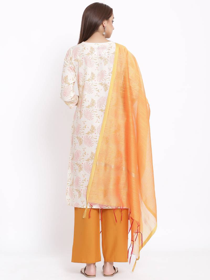 DAAVI Womens Cotton Printed Straight Kurta Palazzo Dupatta Set (Off White)