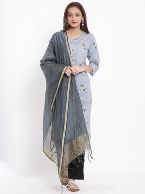 DAAVI Womens Cotton Printed Straight Kurta Palazzo Dupatta Set (Grey) 1