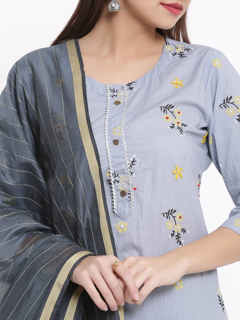 DAAVI Womens Cotton Printed Straight Kurta Palazzo Dupatta Set (Grey)