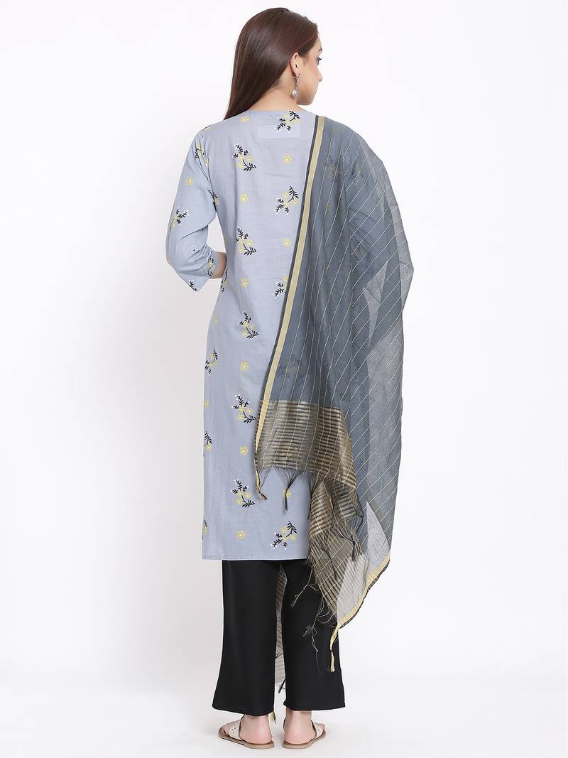 DAAVI Womens Cotton Printed Straight Kurta Palazzo Dupatta Set (Grey)