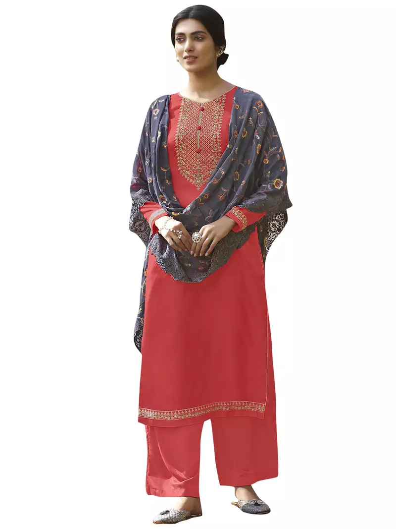 Coral embroidered tussar silk salwar