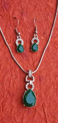 RozMili latest Designer American Diamond silver Green stone pendant set with earrings for women and  Girls 5