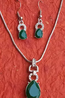 RozMili latest Designer American Diamond silver Green stone pendant set with earrings for women and  Girls