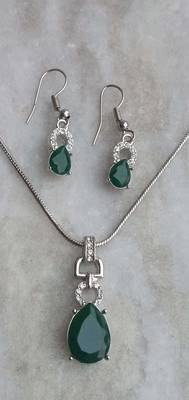 RozMili latest Designer American Diamond silver Green stone pendant set with earrings for women and  Girls 6