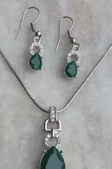 RozMili latest Designer American Diamond silver Green stone pendant set with earrings for women and  Girls