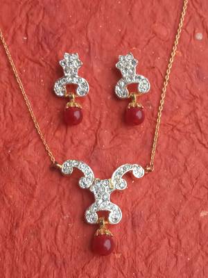 RozMili latest Designer American Diamond silver Red stone pendant set with earrings for women and  Girls 5