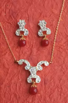 RozMili latest Designer American Diamond silver Red stone pendant set with earrings for women and  Girls