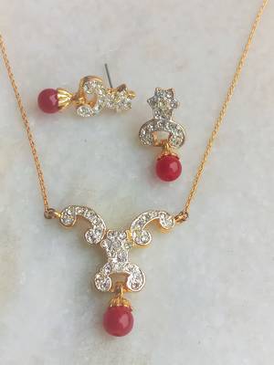RozMili latest Designer American Diamond silver Red stone pendant set with earrings for women and  Girls 6