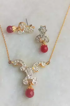 RozMili latest Designer American Diamond silver Red stone pendant set with earrings for women and  Girls