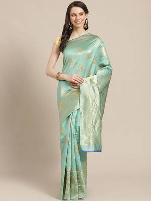 Shaily Women Green Silk Blend Woven Zari Saree 1