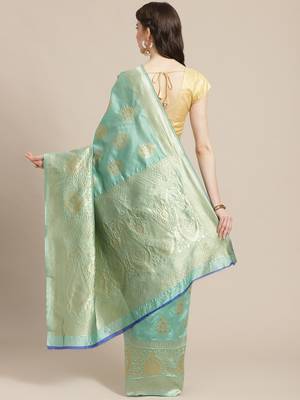 Shaily Women Green Silk Blend Woven Zari Saree 2