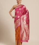 Women Pink art silk  Blend Woven Zari Saree