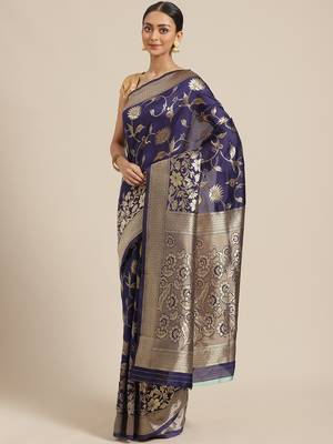 Women Navy Blue art silk  Blend Woven Zari Saree 1