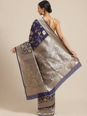 Women Navy Blue art silk  Blend Woven Zari Saree 2