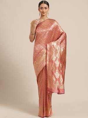 Shaily Women Peach Silk Blend Woven Zari Saree 1