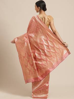 Shaily Women Peach Silk Blend Woven Zari Saree 2