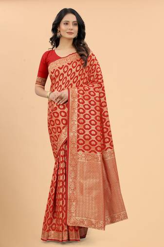 Red Banarasi style silk Blend Classic Border & Pallu Zari Threads work Saree with Blouse