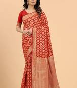 Red Banarasi style silk Blend Classic Border & Pallu Zari Threads work Saree with Blouse