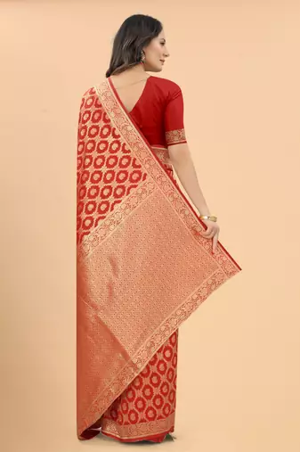 Red Banarasi style silk Blend Classic Border & Pallu Zari Threads work Saree with Blouse