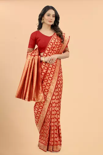 Red Banarasi style silk Blend Classic Border & Pallu Zari Threads work Saree with Blouse