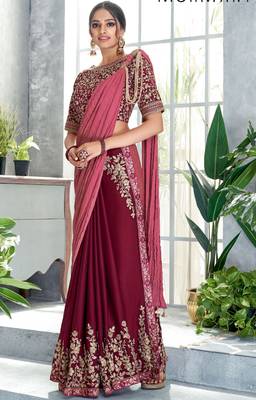Maroon embroidered silk saree with blouse 1