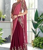 Maroon embroidered silk saree with blouse