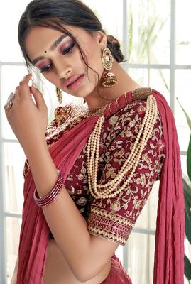 Maroon embroidered silk saree with blouse 2