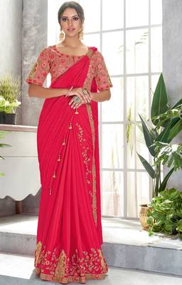 Pink embroidered silk saree with blouse 1