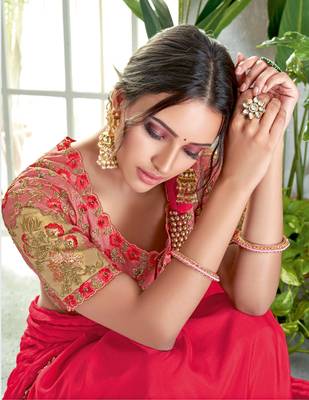 Pink embroidered silk saree with blouse 3