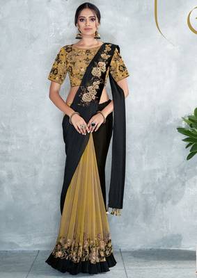 Black embroidered satin saree with blouse 1