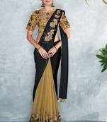 Black embroidered satin saree with blouse