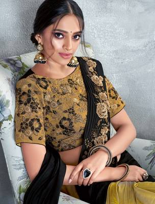 Black embroidered satin saree with blouse 2