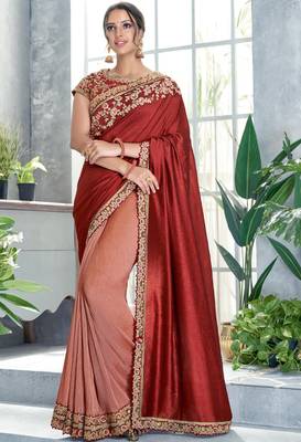 Dark red embroidered silk saree with blouse 1