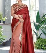 Dark red embroidered silk saree with blouse
