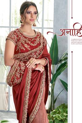 Dark red embroidered silk saree with blouse 2