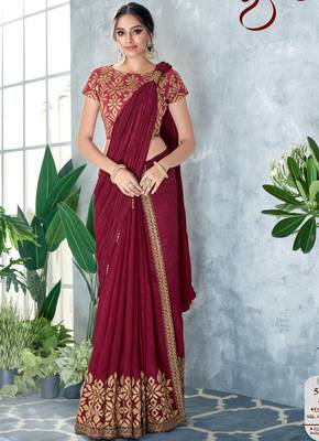 Maroon embroidered silk saree with blouse 1