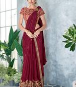 Maroon embroidered silk saree with blouse