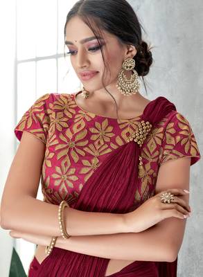 Maroon embroidered silk saree with blouse 2