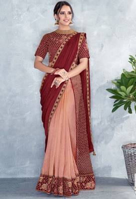 Peach embroidered silk saree with blouse 1