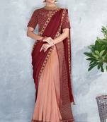 Peach embroidered silk saree with blouse