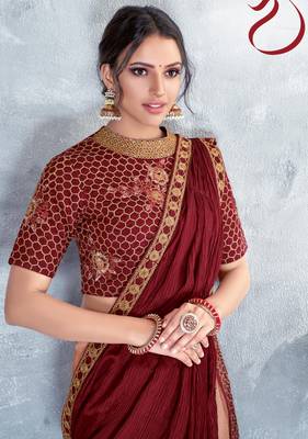 Peach embroidered silk saree with blouse 2