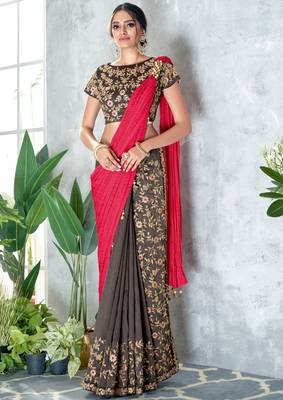 Grey embroidered silk saree with blouse 1