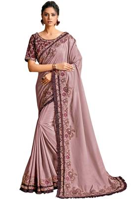 Purple embroidered crepe saree with blouse 1